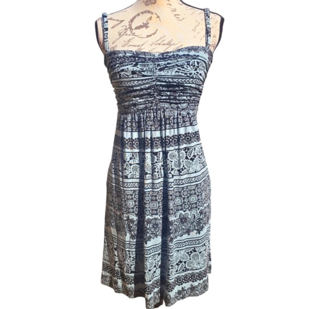 Soma Black White Floral Ruched Sleeveless Pullover Above Knee Dress Sizeβ S